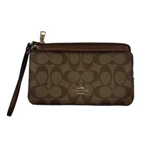 Coach Double Zip Signature Monogram Wallet Wristlet Coated Canvas Leather